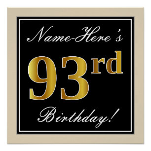 Elegant, Black, Faux Gold 93rd Birthday + Name Poster