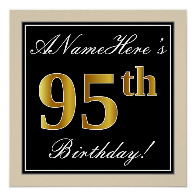 Elegant, Black, Faux Gold 95th Birthday + Name Poster (Front)