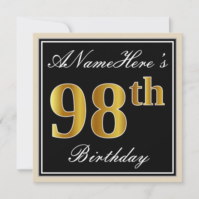 Elegant, Black, Faux Gold 98th Birthday + Name Invitation (Front)