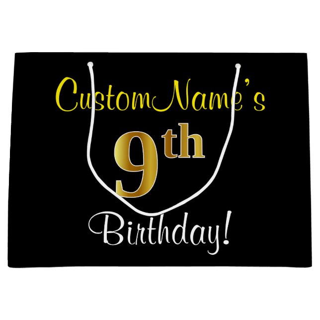 Elegant, Black, Faux Gold 9th Birthday + Name Large Gift Bag (Front)