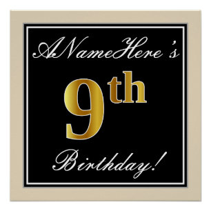 Elegant, Black, Faux Gold 9th Birthday + Name Poster