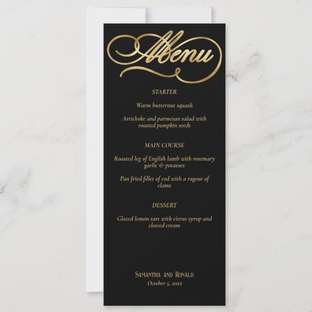 Elegant Black & Faux Gold Calligraphy Wedding Menu Invitation (Front)