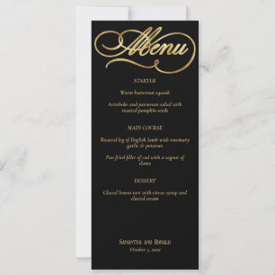 Elegant Black & Faux Gold Calligraphy Wedding Menu Invitation