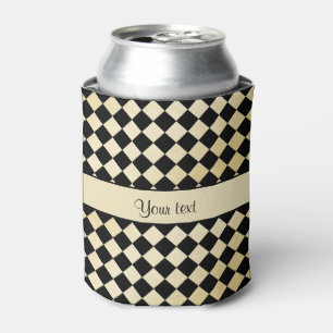 Elegant Black & Faux Gold Checkers Can Cooler