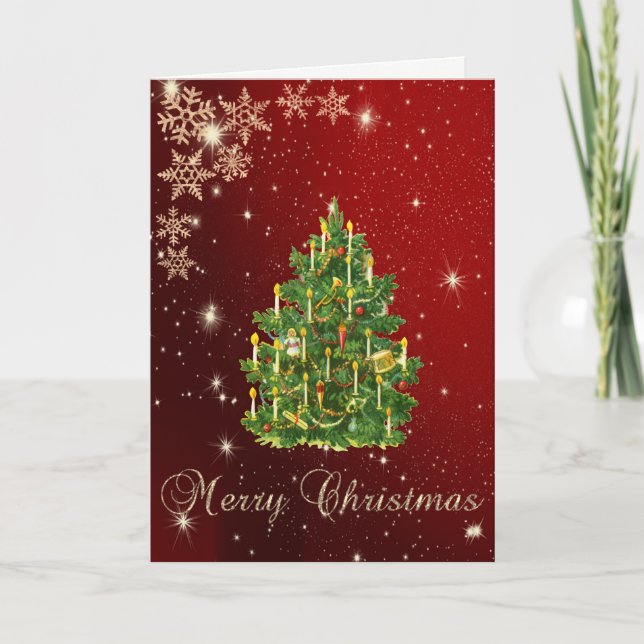 Elegant Black,Faux Gold Christmas Tree,Snowflakes  Holiday Card (Front)