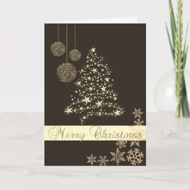 Elegant Black,Faux Gold Christmas Tree,Snowflakes Holiday Card (Front)