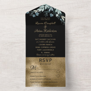 Elegant Black & Faux Gold Foliage Wedding All In One Invitation