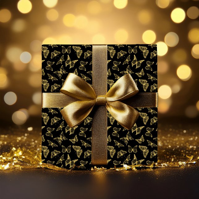 Elegant Black Faux Gold Glitter Butterflies Wrapping Paper (Elegant Black and Faux Gold Glitter Butterflies Pattern Wrapping Paper)