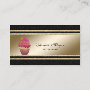 Elegant Black,Faux Gold Glittery Stripes Cupcake Business Card