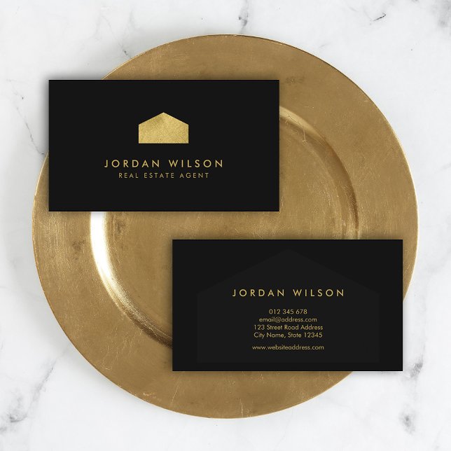Elegant Black Faux Gold House Real Estate Agent Business Card (Creator Uploaded)