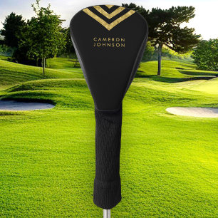 Elegant Black Faux Gold Name Chevron Geometric Golf Head Cover