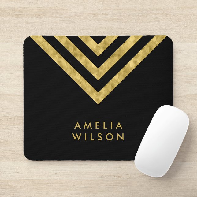 Elegant Black Faux Gold Name Chevron Geometric Mouse Pad (Creator Uploaded)