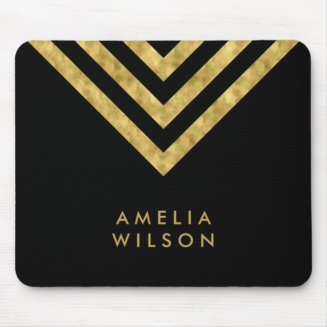 Elegant Black Faux Gold Name Chevron Geometric Mouse Pad (Front)