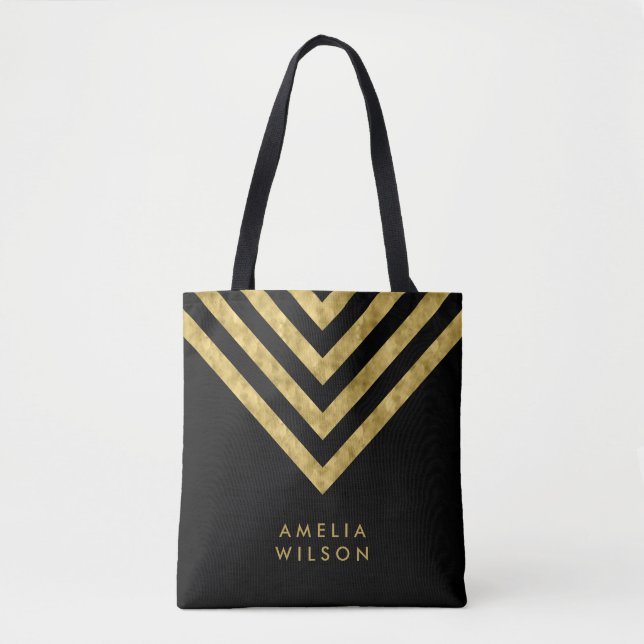 Elegant Black Faux Gold Name Chevron Pattern Tote Bag (Front)