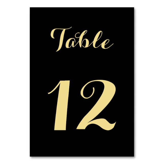 Elegant Black Faux Gold Script Chic Wedding Party Table Number (Front)