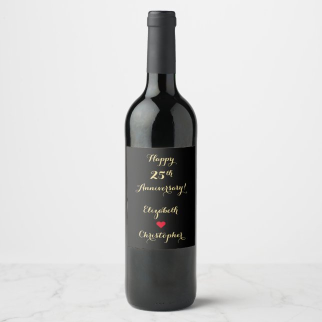 Elegant Black Faux Gold Script Wedding Anniversary Wine Label (Front)
