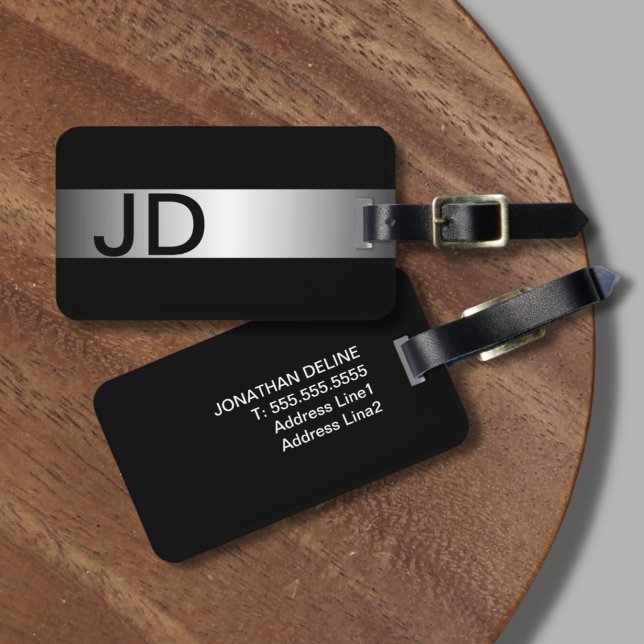 Elegant Black Faux Silver Bold Monogram Luggage Tag (Creator Uploaded)