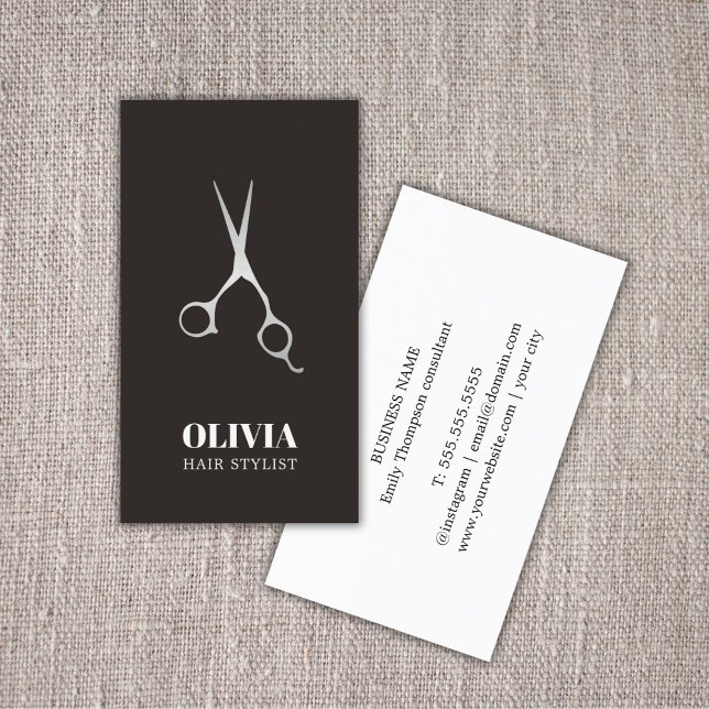 Elegant Black Faux Silver Scissors Bold Hair Salon Business Card (Creator Uploaded)