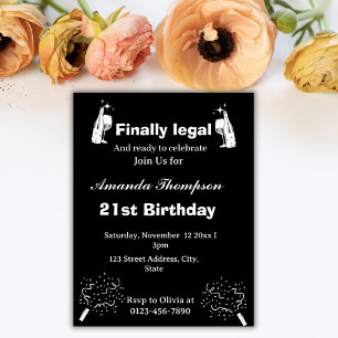 Elegant Black Finally Legal 21st Birthday  Invitation
