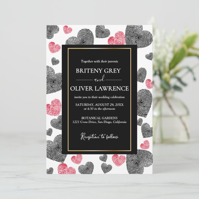 Elegant Black Fingerprint Heart Modern Wedding Invitation (Standing Front)
