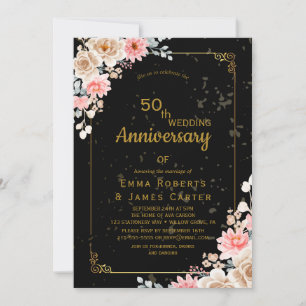 Elegant Black Floral 50th Anniversary Invite