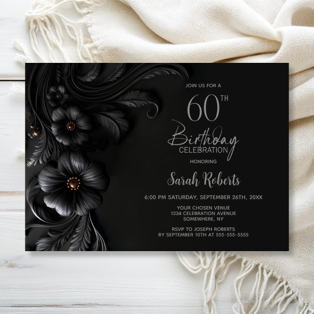 Elegant Black Floral 60th Birthday Party Invitation (Creator Uploaded)