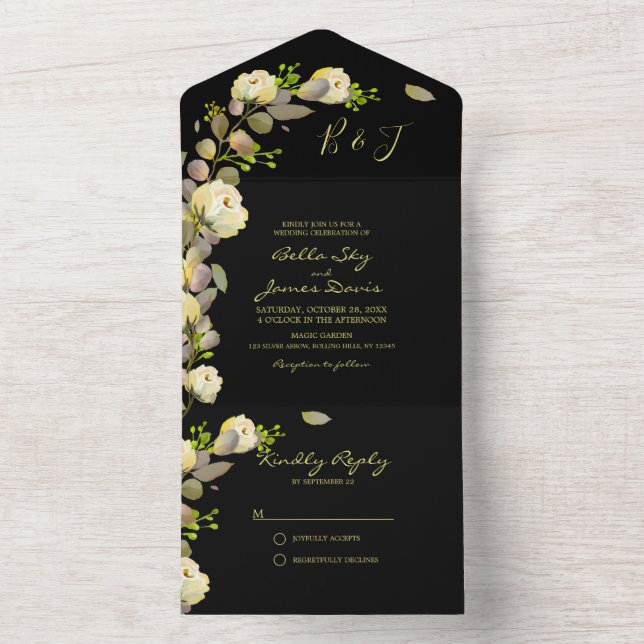 Elegant Black Floral All in One Wedding Invitation (Inside)
