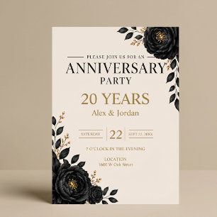Elegant Black Floral Anniversary Party Invitation