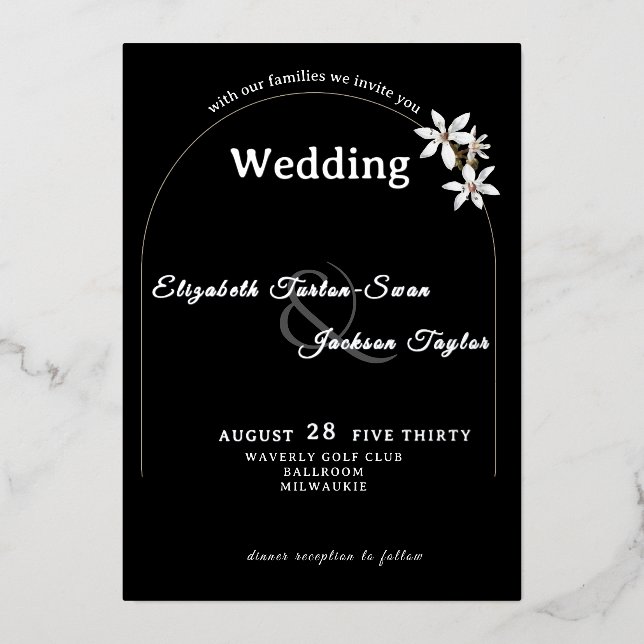 Elegant Black Floral Arch Typography Wedding (Front)