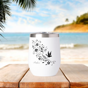 Elegant Black Floral Bird Personalised Name