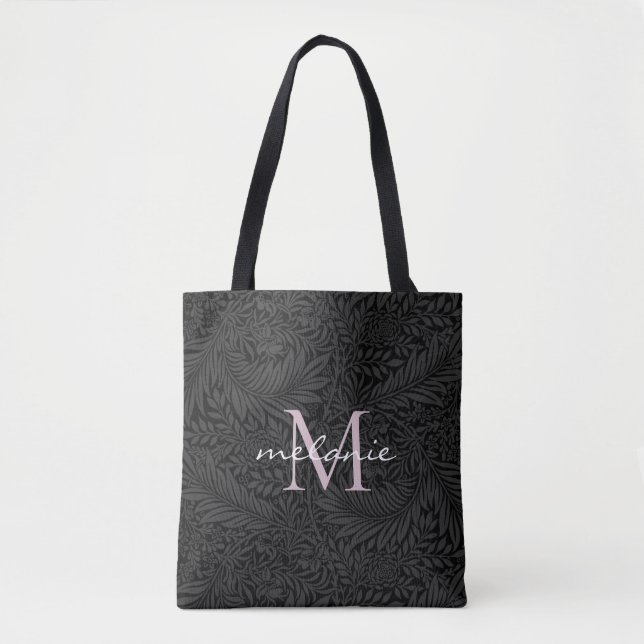 Elegant Black Floral Blush Pink Script Monogram Tote Bag (Front)