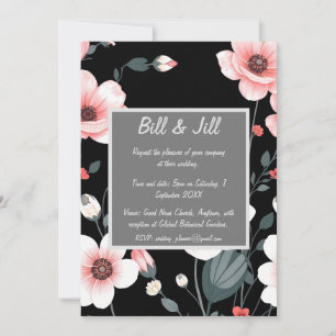 Elegant Black Floral Blush, White Blooms Wedding Invitation