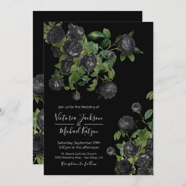 Elegant Black Floral Botanical Wedding Invitation (Front/Back)