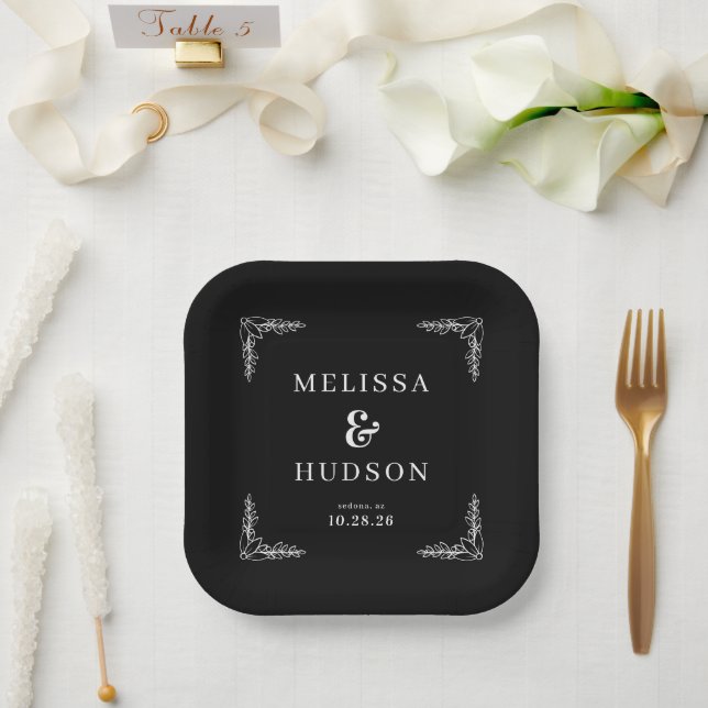 Elegant Black Floral Branches Paper Plate (Wedding)