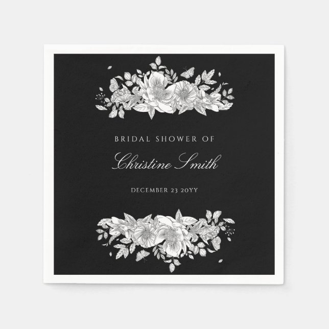 Elegant Black Floral Bridal Shower Napkins (Front)