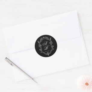 Elegant Black Floral Crest Monogram Script Wedding Classic Round Sticker