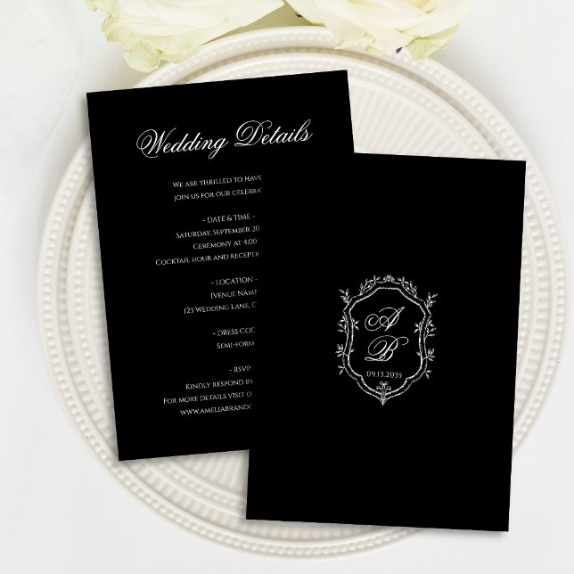 Elegant Black Floral Crest Monogram Script Wedding Enclosure Card (Creator Uploaded)