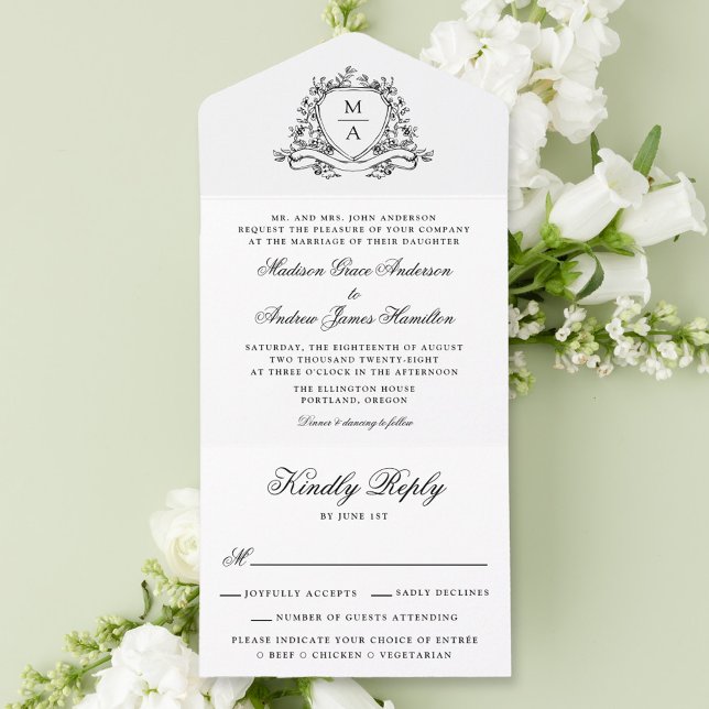 Elegant Black Floral Crest Monogram Wedding  All In One Invitation (Creator Uploaded)