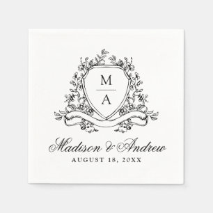 Elegant Black Floral Crest Monogram Wedding Napkin