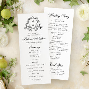 Elegant Black Floral Crest Monogram Wedding Program