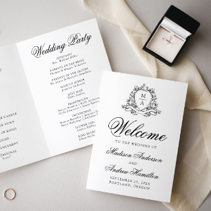 Elegant Black Floral Crest Monogram Wedding Program