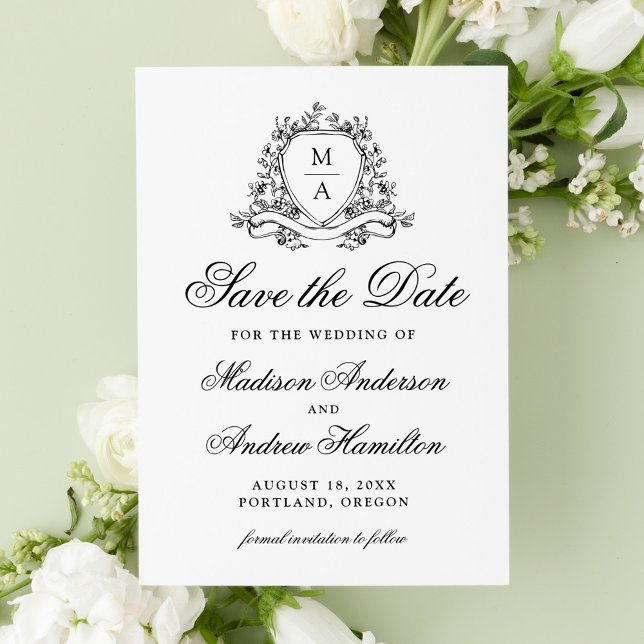 Elegant Black Floral Crest Monogram Wedding Save The Date (Creator Uploaded)