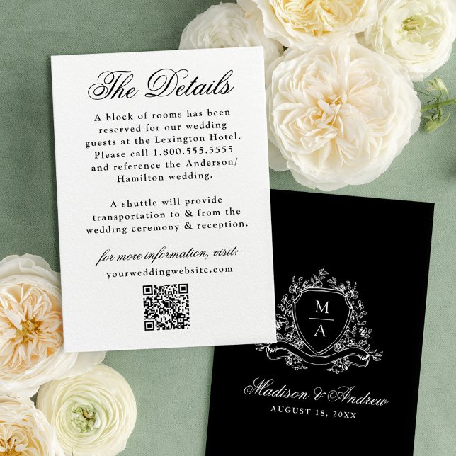 Elegant Black Floral Crest Wedding Details Enclosure Card (Creator Uploaded)