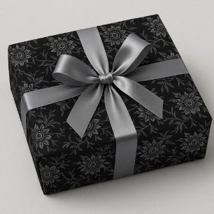Elegant Black Floral Dark Wedding Wrapping Paper