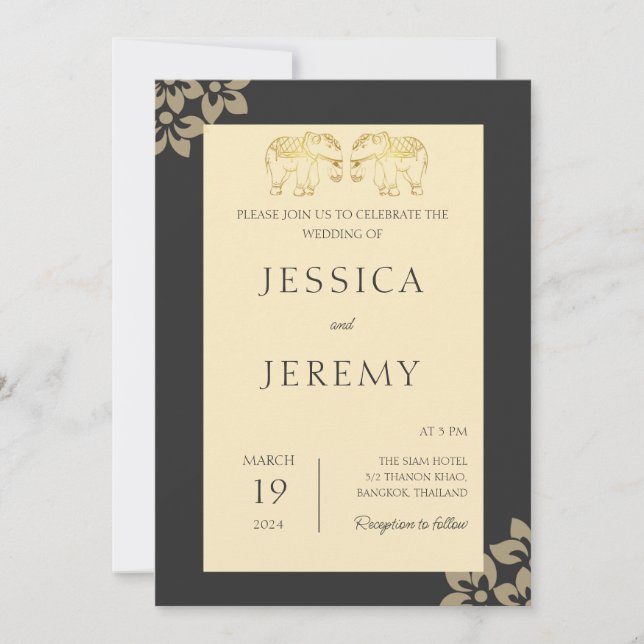 Elegant Black Floral Elephant Thailand Wedding Invitation (Front)