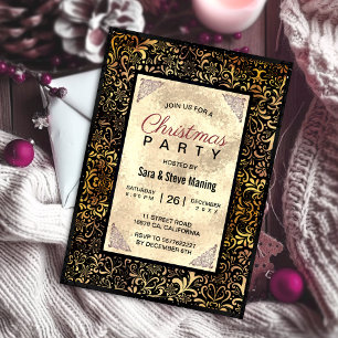 Elegant black floral faux gold Christmas  Invitation