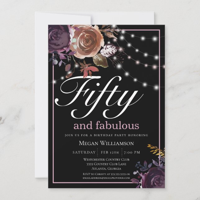 Elegant Black Floral Fifty and Fabulous Birthday Invitation (Front)