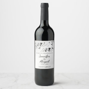 Elegant Black Floral Gay Wedding Wine Label