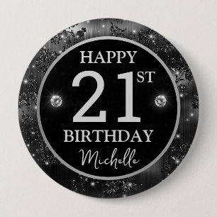 Elegant Black Floral Glitter Silver Birthday 10 Cm Round Badge