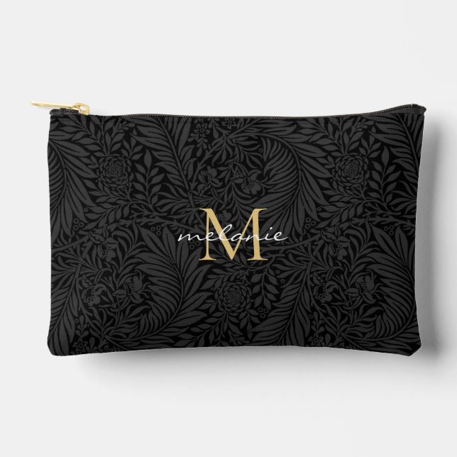 Elegant Black Floral Gold Monogram Accessory Pouch (Front)
